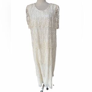 1990s Michaelangelo Ivory Scalloped Lace Tiered‎ Scoop Neckline Maxi Gown